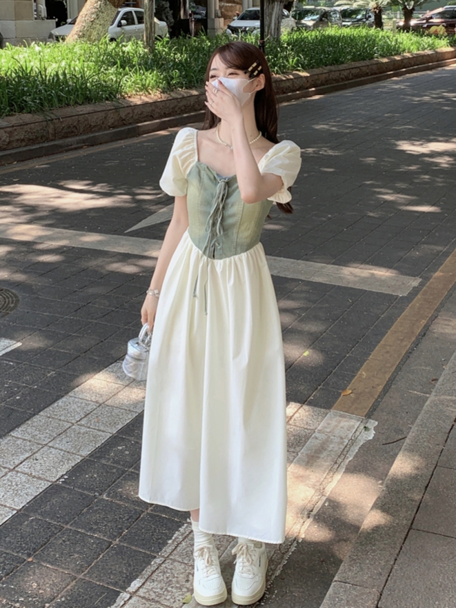 Real shot real price French retro denim stitching dress women's waist slimming design sense mid-length skirt