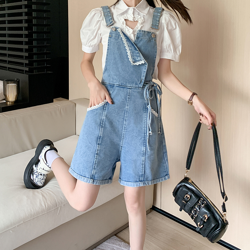 Real shot real price cool salt denim overalls female 2023 new summer design sense niche shorts wide-leg pants