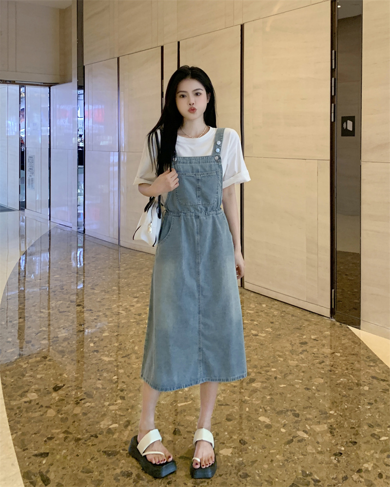 Retro denim strap dress women's summer new tassel design waist mid-length skirt