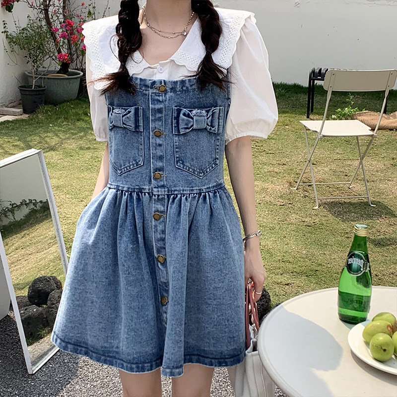 Denim camisole dress large size fat mm student age reduction sleeveless mid-length skirt M-5XL200 catties