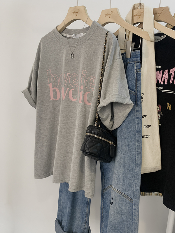 Gray letter cotton front shoulder short-sleeved t-shirt women's summer 2023 new design sense niche loose American top