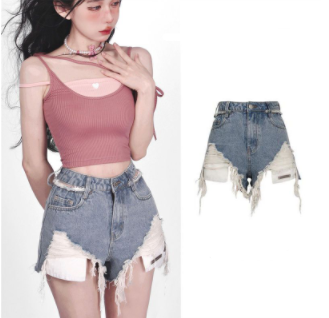 Pure desire style raw edge ripped hole high waist hollow fake two-piece jeans showing long legs loose summer thin shorts babes frayed