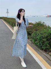 V-neck floral dress women 2023 summer new waist slimming long skirt gentle wind short-sleeved super fairy tea break skirt