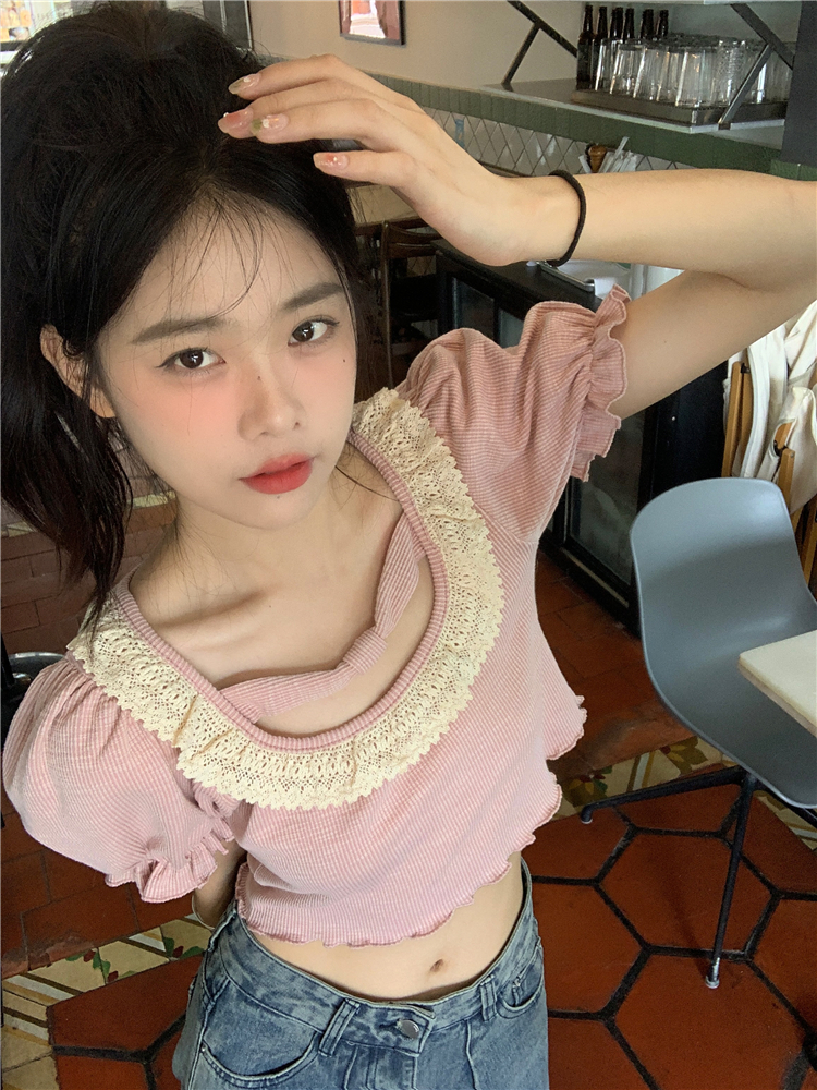 Thread French Gentle Pink Square Neck Lace Niche Puff Sleeve T-Shirt Slim Short Chic Top Women