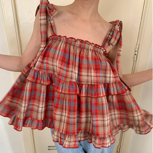 French sweet plaid casual camisole  summer new Korean version of holiday style fungus side off-shoulder top women