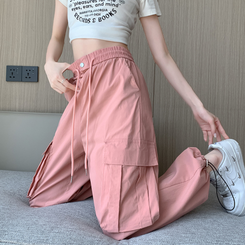 Real shot pink overalls women's summer high waist slimming wide leg narrow version casual American quick-drying sports pants