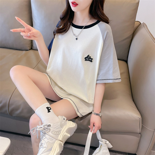 Real shot summer Korean style loose back pack collar pure cotton 21 raglan sleeves cartoon embroidery short-sleeved T-shirt for women