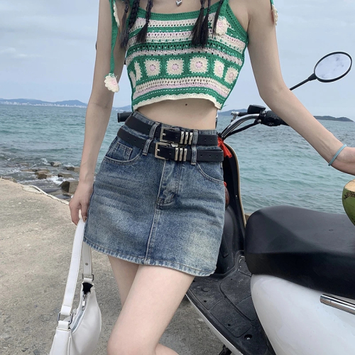 American retro double belt denim short skirt women  spring and summer new design sense anti-light package hip skirt