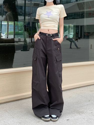 Real shot 50 American street zipper pocket overalls versatile wide-leg casual trousers