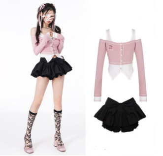 Pure lust pink babes summer vacation two-piece long-sleeved wear bow skirt skirt simple black skirt suit