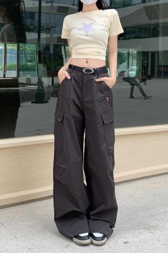 Real shot 50 American street zipper pocket overalls versatile wide-leg casual trousers