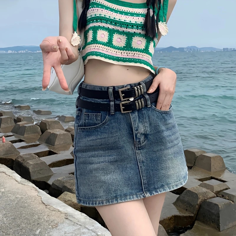 American retro double belt denim short skirt women 2023 spring and summer new design sense anti-light package hip skirt