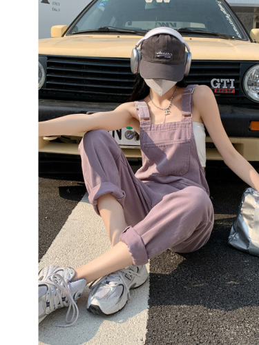 Real shot of 2023 summer new loose-fitting denim overalls fashion straight-leg mopping pants