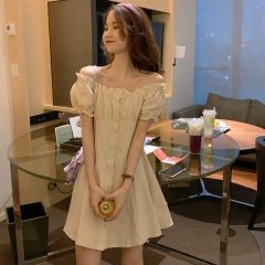 2023 new Korean version of the French style square collar slim waist dress women's summer temperament one-shoulder a-line short skirt