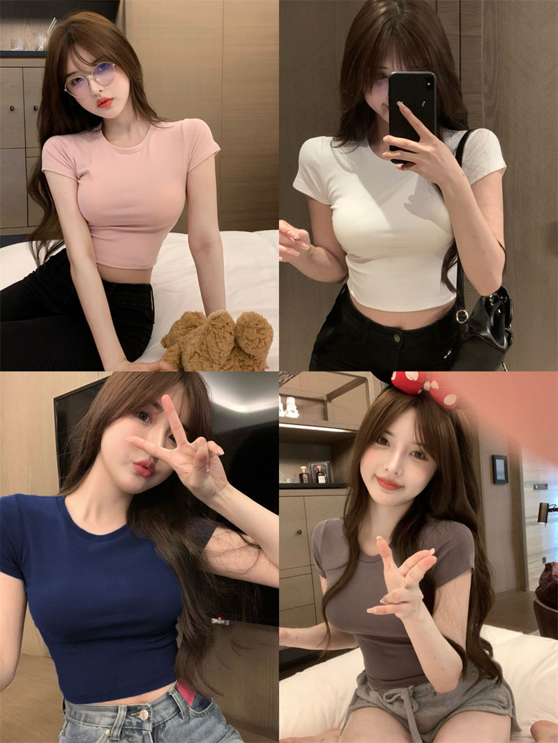 2023 new pure desire style round neck short-sleeved front shoulder T-shirt summer self-cultivation thin all-match short hot girl top women