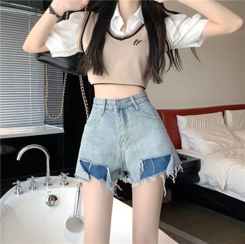 Shorts new spring and summer Japanese line ins lazy simple all-match female jeans trend literary natural waist temperament