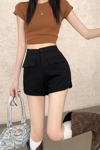 Real price 2023 summer new black high-waisted shorts women's elastic tight bag hip outerwear hot girl hot pants