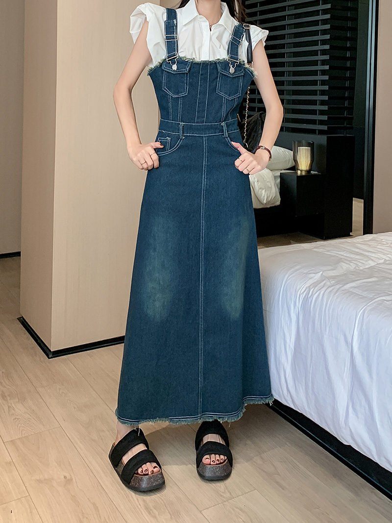 Real price~Denim suspenders layered dress women's summer new design sense waist slimming long skirt