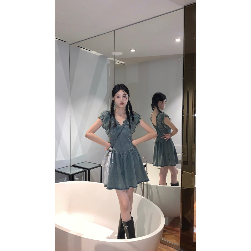 Design sense niche nostalgic denim dress female summer new retro temperament short-sleeved skirt skirt skirt