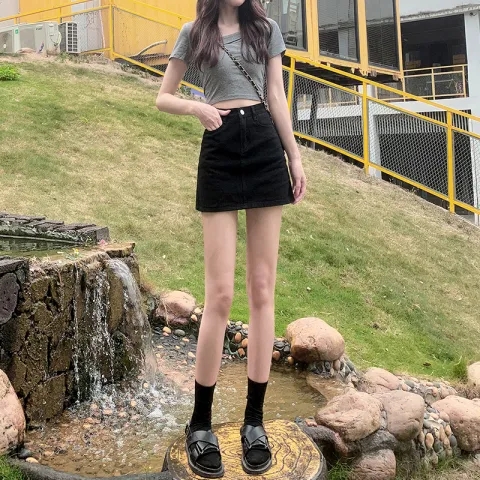 Casual high waist denim skirt skirt female summer 2023 new a-line bag hip hot girl skirt small man skirt