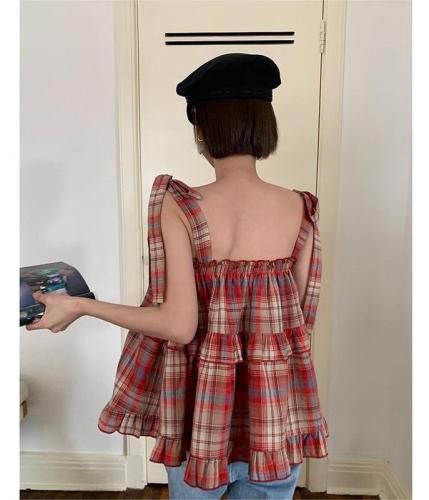 French sweet plaid casual camisole  summer new Korean version of holiday style fungus side off-shoulder top women