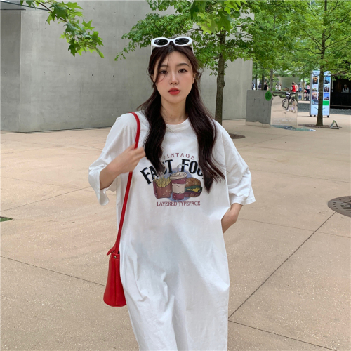 Real shot back wrap collar summer lazy wind loose Korean version large size over the knee slit dress long short-sleeved t-shirt for women