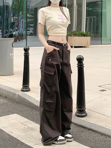 Real shot 50 American street zipper pocket overalls versatile wide-leg casual trousers