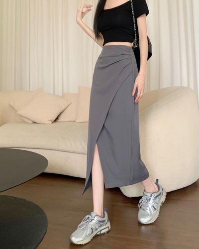 Real shot real price 2022 summer new gray skirt women's mid-length design with irregular bag hip slit skirt