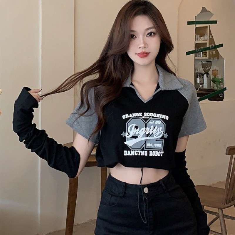 American retro Polo collar front shoulder T-shirt women's summer short-sleeved t-shirt hot girl top short tide