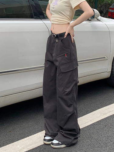 Real shot 50 American street zipper pocket overalls versatile wide-leg casual trousers