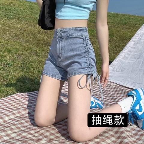 All-match denim shorts women's summer 2023 new high waist thin and small black drawstring a-line hot pants