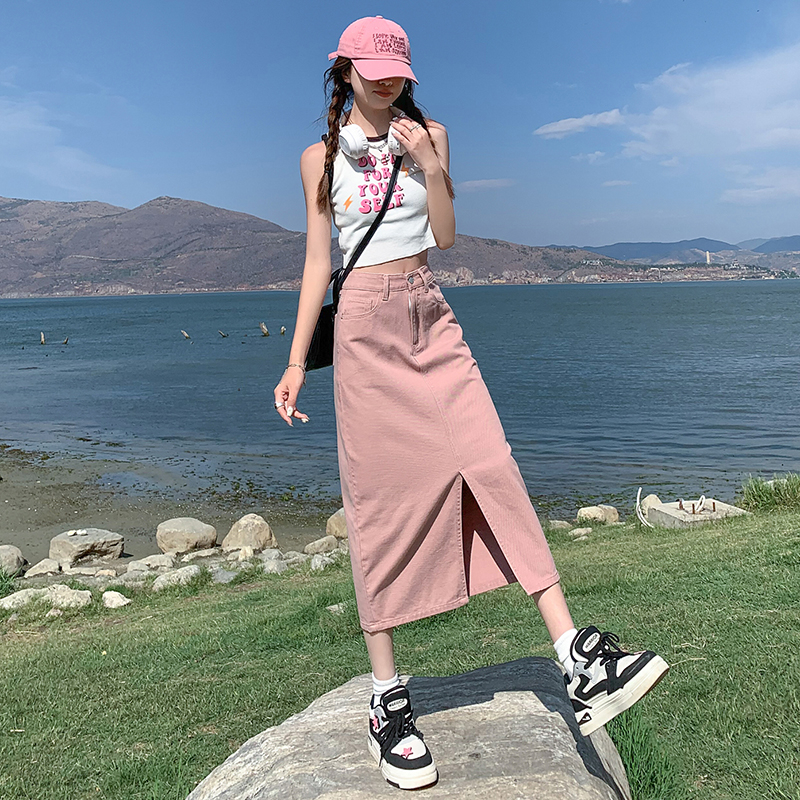 Real shot front slit denim skirt women 2023 spring and summer high waist a-line mid-length bag hip skirt all-match loose
