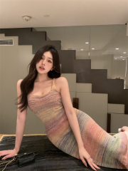 Real price Rainbow striped knitted vest strap dress female summer hot girl bag hip skirt