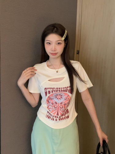 Large size hot girl front shoulder short-sleeved t-shirt women's summer 2023 new small crowd fat MM American style giant thin short top
