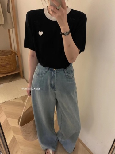 I MISS Bust Contrasting Color Love Niche Top Korean Ins Texture Short-sleeved Knitwear Women's Casual All-match Shirt