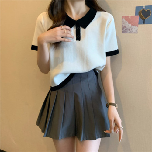 Ribbed short-sleeved button front shoulder t-shirt women color matching spring and summer polo shirt design sense niche short top