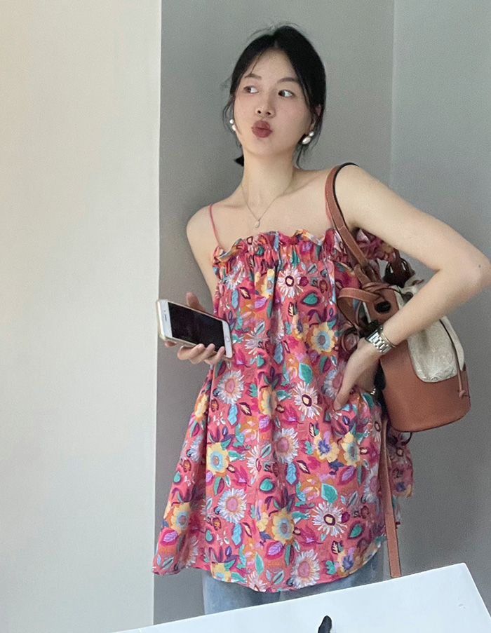 Real price vacation style tropical flower wood ear neckline mid-length cotton suspenders