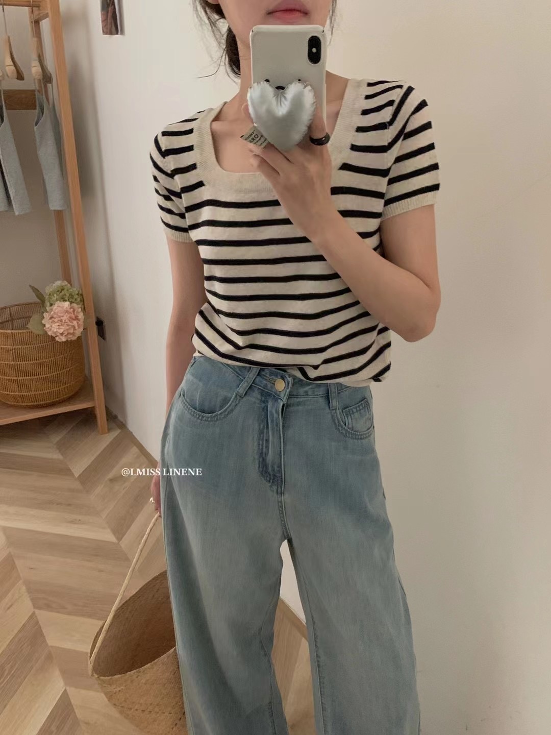 I MISS Korean style 2023 chic striped thin ice silk short-sleeved sweater top