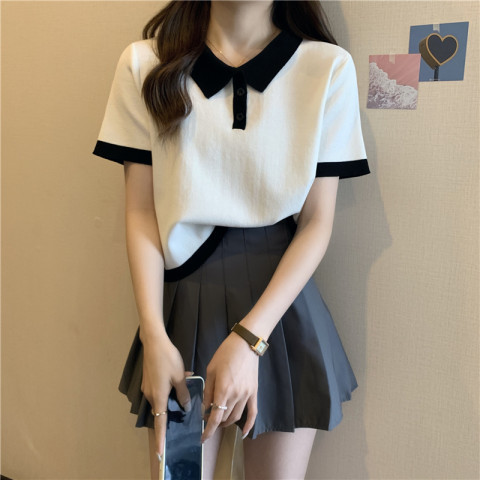 Ribbed short-sleeved button front shoulder t-shirt women color matching spring and summer polo shirt design sense niche short top