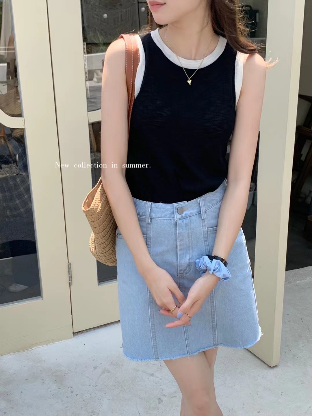 Real shot~Korean slub hemp contrast color knitted sweater vest with summer new sleeveless striped top