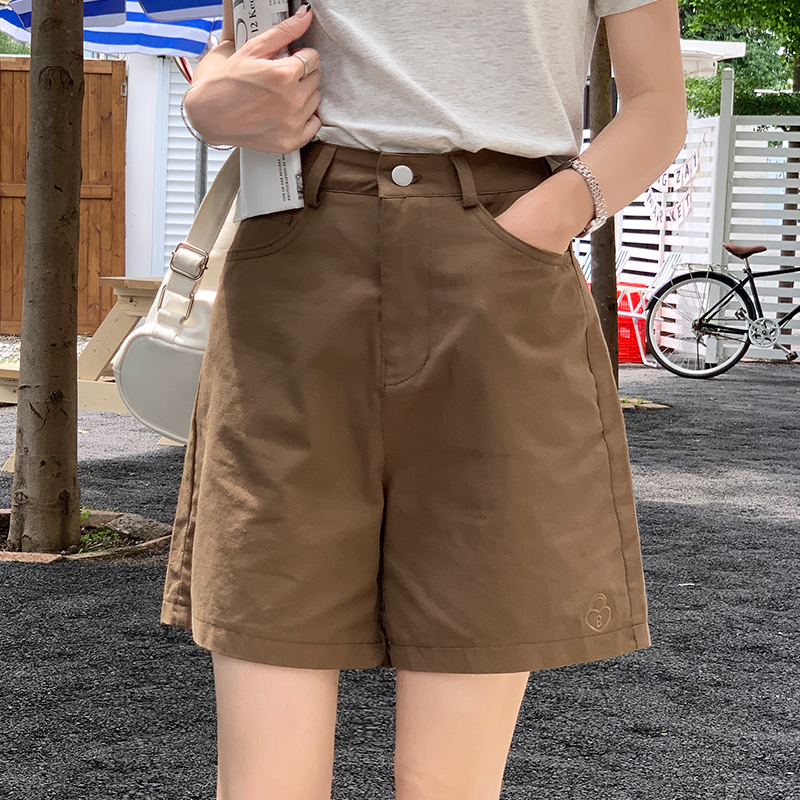 Real shot of high waist five-point casual pants women's summer design sense embroidery loose and thin wide-legged short pink pants