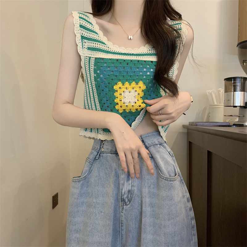 Real shot real price new version of bohemian design sense outer wear hollow flower vest sling