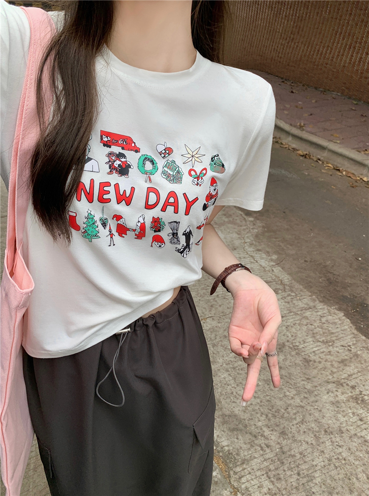 Real shot real price Korean niche pattern short-sleeved T-shirt top high waist slit drawstring design tooling skirt
