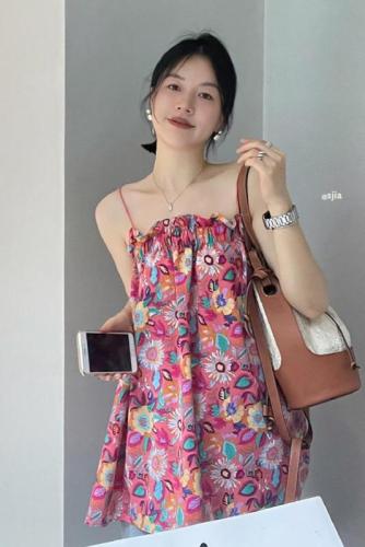 Real price vacation style tropical flower wood ear neckline mid-length cotton suspenders