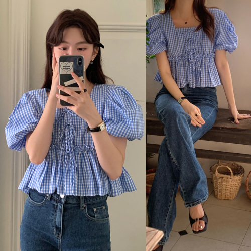 Real Shot French Vitality Girl Niche Design Plaid Puff Sleeve High Waist Top Shirt