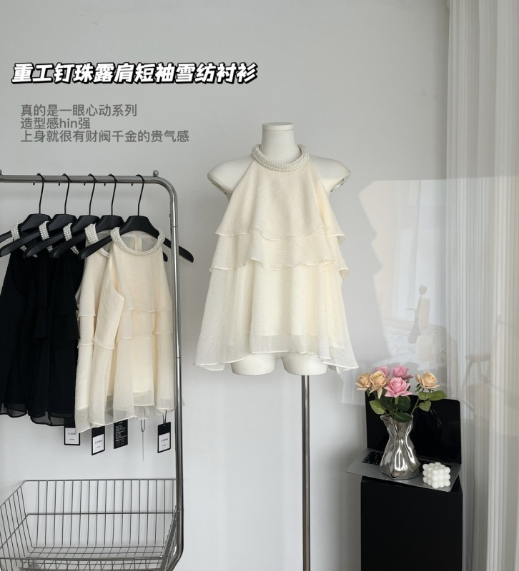 Wearing pearl hanging neck small vest women's summer dress French apricot ruffled chiffon shirt sleeveless short slim top