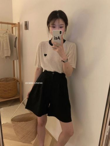 I MISS Bust Contrasting Color Love Niche Top Korean Ins Texture Short-sleeved Knitwear Women's Casual All-match Shirt