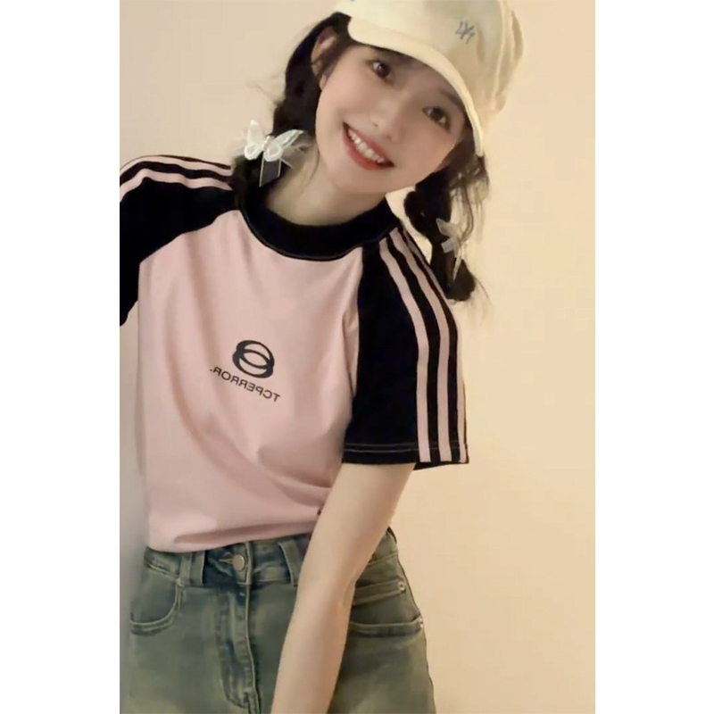 Official picture 200g pure cotton American style raglan sleeve short-sleeved T-shirt women's summer color contrast stitching sports wind top