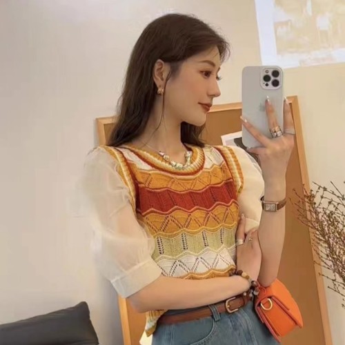 Summer new French niche color striped thin section ice silk knitted stitching fake two-piece top puff sleeve shirt