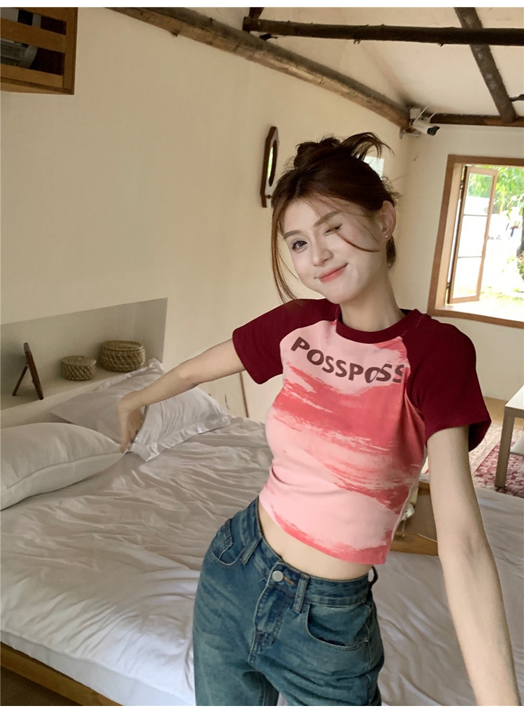 American hot girl hit color round neck short raglan short-sleeved T-shirt summer niche tight-fitting thin top